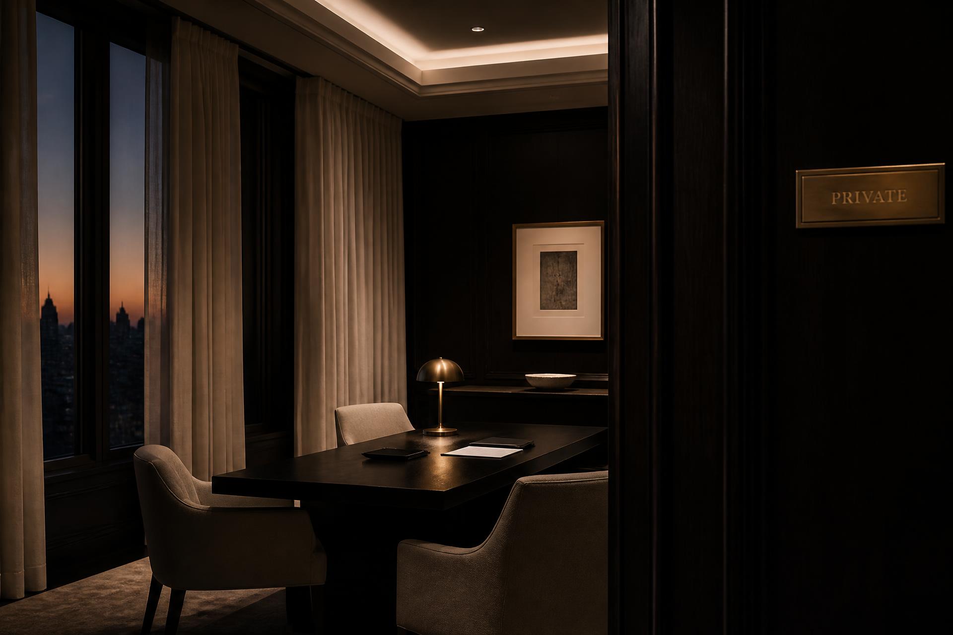 A still, private meeting room at dusk — a brass lamp, a single document on a dark desk.